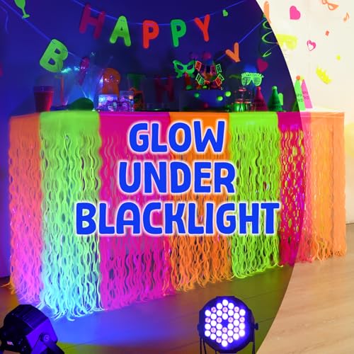 Neon Foil Fringe Table Skirts, 2 Pack Glow in the Dark Party Decorations