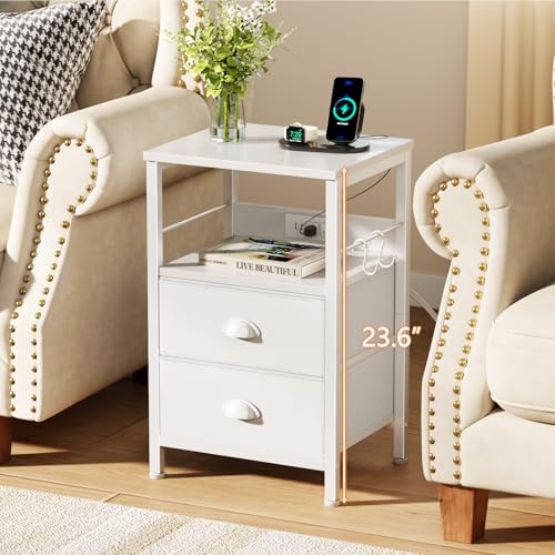 White End Table with Charging Station, 2 Fabric Drawers & USB Ports
