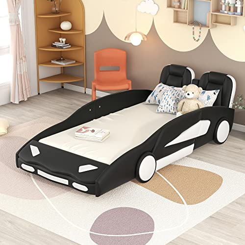Race Car Twin Platform Bed with Wheels - Sturdy Wood Kids Bed Frame