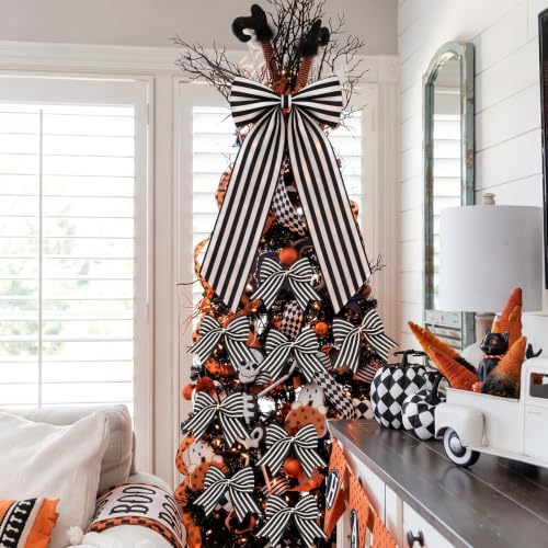 Black and White Christmas Tree Topper Bow Set - 13pcs Holiday Decor