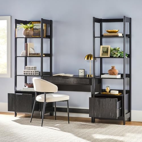 3-Piece Writing Desk Set with 2 Narrow Bookcases and Reeded Drawers, Black