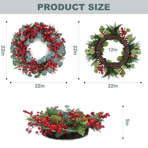 22-Inch Artificial Christmas Wreath with Red Berries and Eucalyptus