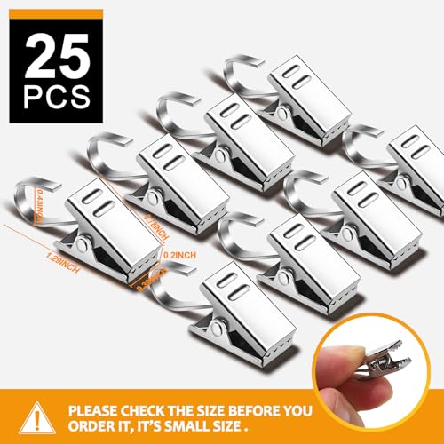 25-Pack Stainless Steel Curtain Clips with Hooks for Hanging Decorations
