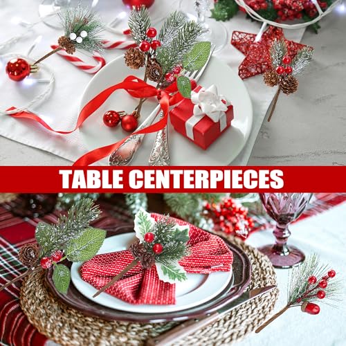24 Pack Artificial Christmas Picks - 6 Styles Snow Frosted Berry Pine Cones Wreath Decor