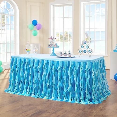 6FT Curly Willow Tulle Table Skirt for Party Decorations, Ocean Blue