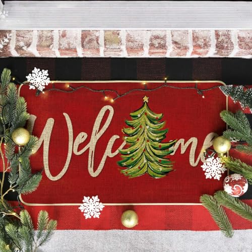 Artoid Mode Red Xmas Tree Welcome Doormat 17x29 Inch, Non-Slip Low-Profile Indoor Outdoor