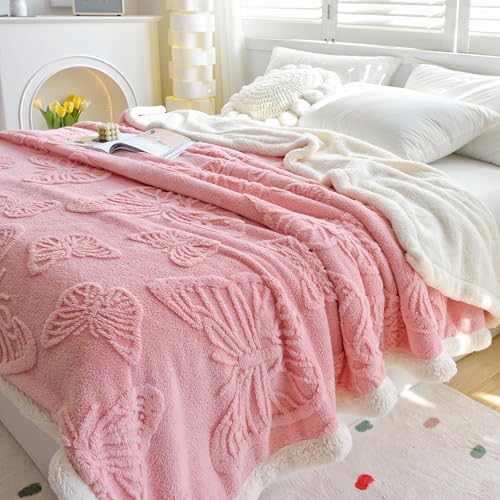 UKELER Pink 60x80 Inch Sherpa Fleece Blanket - Soft Twin Size Throw for Bed Couch All Season