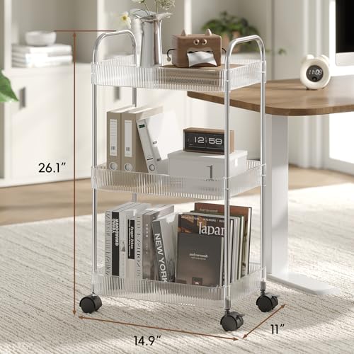 3-Tier Clear Acrylic Rolling Utility Cart with Lockable Wheels & Handle