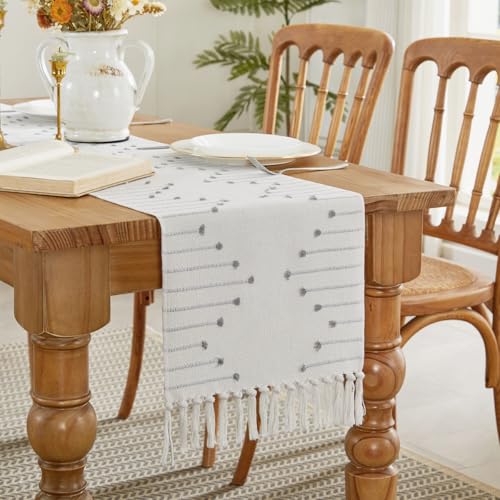 Wracra Boho Table Runner 14x108 Inches - Grey Woven Rustic Home Decor