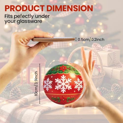 ANATTASOUL Christmas Baubles Coasters Set of 9, 3.9" Round Wooden Coasters, Snowflake/Reindeer/Santa Patterns, Bulk Gift