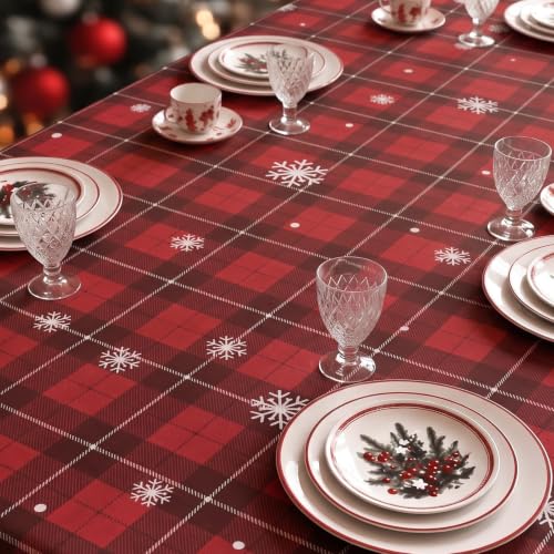 Softalker 60 x 84 Inch Rectangular Tablecloth – Snowman Red Plaid (Plaid Snowman) Christmas