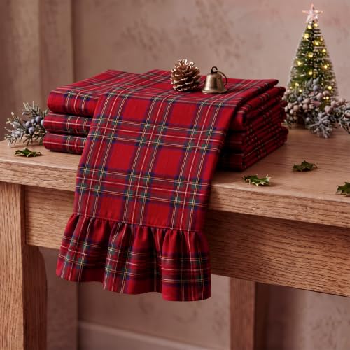 Red Plaid 4-Piece Christmas Kitchen Towels with Ruffles - 18x30 inches