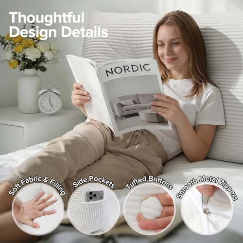 Queen Wedge Headboard Pillow - Triangular Bed Backrest with Pockets