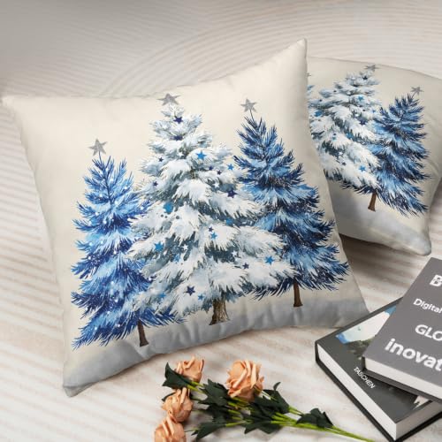 Blue Christmas Tree 18x18 Pillow Covers Set of 2 - Holiday Xmas Throw Pillow Cases
