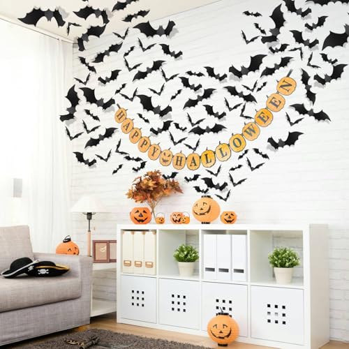 140Pcs 3D Black Bat Stickers for Halloween Decor - PVC Wall Decals