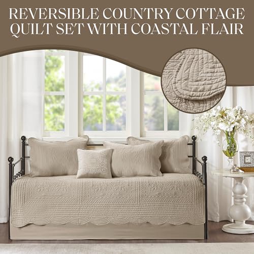 6-Piece Coastal Damask Quilted Daybed Cover Set with Scallop Edge