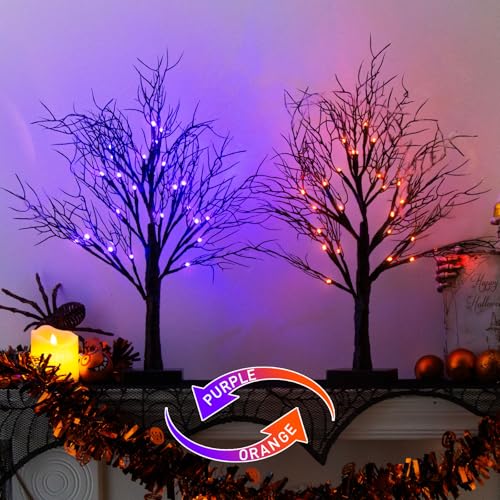 Lighted Halloween Trees 2-Pack, 22" Black Tabletop Decor with Orange & Purple LEDs