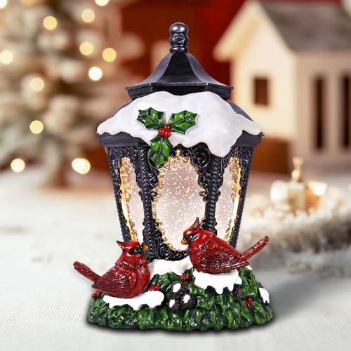 GlexpFesti Christmas Snow Globe Lantern with Cardinals & Glittering Globe, Timer, Battery Operated