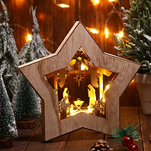 LED Wooden Nativity Scene Star Ornament - Rustic Tabletop Christmas Display