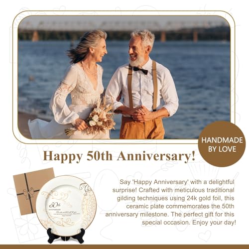 50th Anniversary Ceramic Keepsake Plate with Stand - 24k Gold Foil Gift