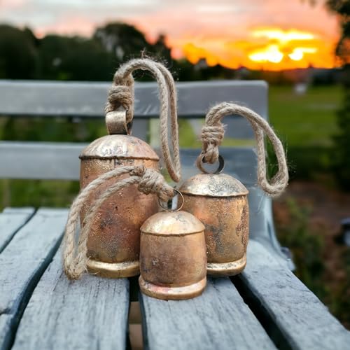 Set of 3 Large Metal Christmas Bells – Rustic Brass Gold Handcrafted Wall Hanging Cow Bells