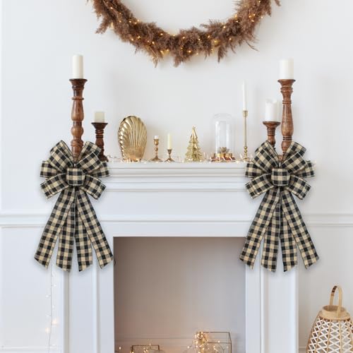 Large Black Buffalo Plaid Wreath Bow - Rustic Farmhouse Decor (11x21 in)