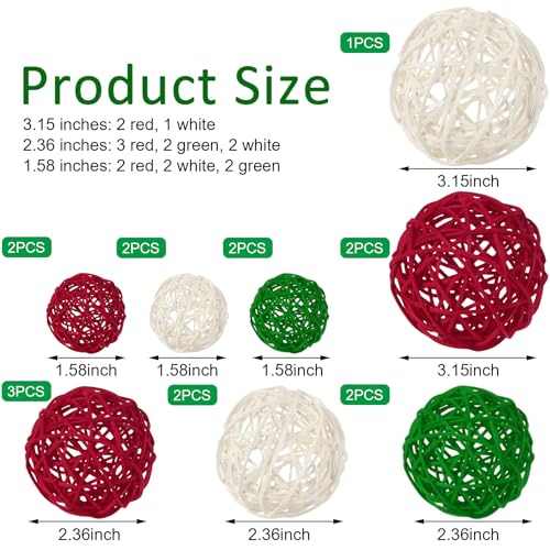 Christmas Wicker Rattan Balls Set - 16pcs in 3 Sizes with Red, White & Green Variations