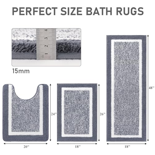 Pauwer 3-Piece Bathroom Rug Set Soft Microfiber Non-Slip Dark Grey