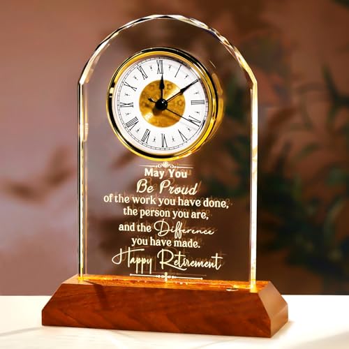 Engraved Crystal Retirement Clock with LED Wooden Light Base Gift