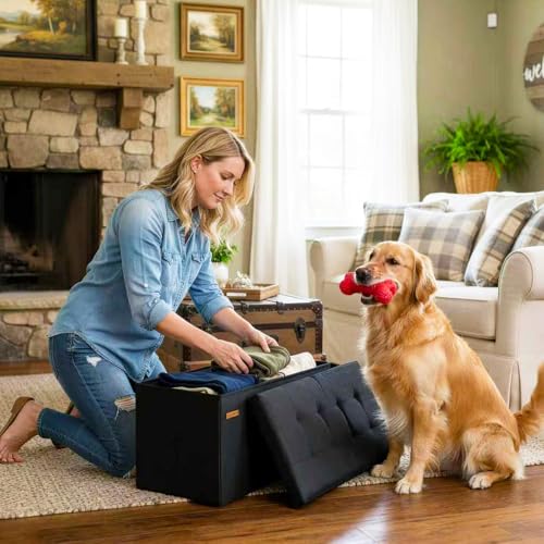 31.5-inch Folding Storage Ottoman Bench with Flip Lid, Upholstered Footstool