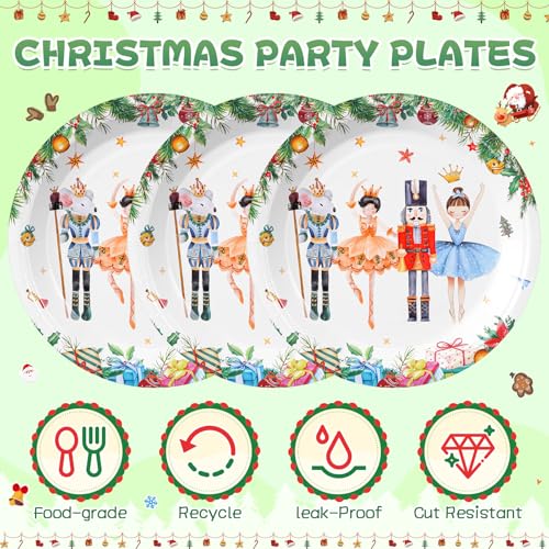 Shellwei 100 Pcs 7 Inch Christmas Plates Green White Nutcracker Set for Holiday Party
