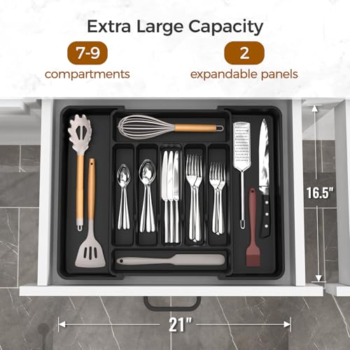 Expandable Silverware Drawer Organizer - Extra Large Cutlery Tray, Black