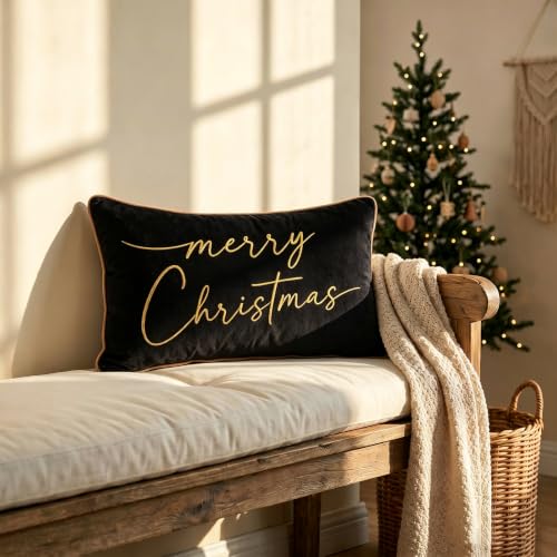 ONWAY Black Christmas Pillow Cover 12x20 Inches Embroidered Gold Holiday Decor