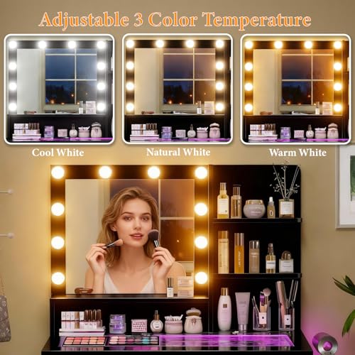 Modern Vanity Desk with Lighted Mirror, RGB Lighting, and Charging Station