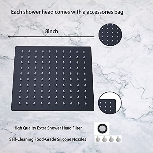 6-Inch Square Rainfall Shower Head, High Pressure Stainless Steel Black