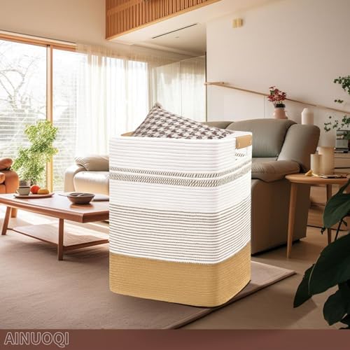85L Large Cotton Rope Laundry Hamper with Leather Handles