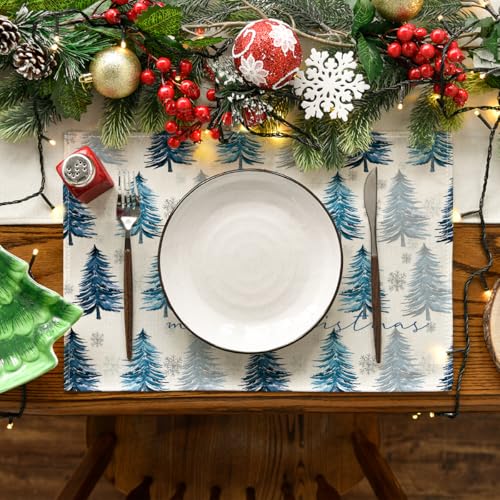 Artoid Mode Blue Christmas Placemats Set of 6, 12x18 Inch Seasonal Table Decor