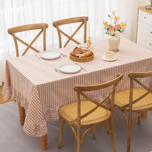 KKJIAF Light Pink Gingham Tablecloth 60 x 120 Inch, Cotton Plaid Table Cover