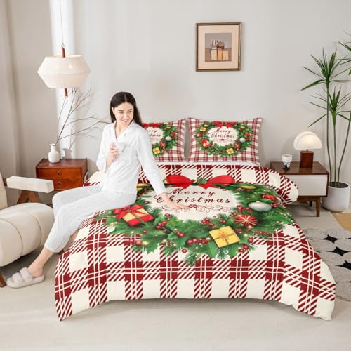Feelyou Checkered Wreath Comforter Set Twin Size Christmas Bedding Beige Red Green