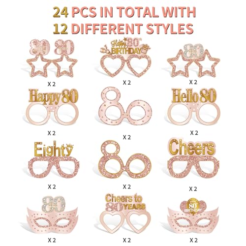 80th Birthday Paper Eyeglasses Photo Booth Props - 24 Pack Rose Gold