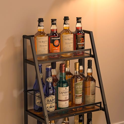 3-Tier Stepped Liquor Display Stand - Freestanding Wood & Iron Wine Rack