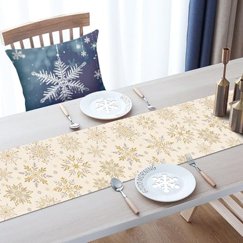 Winter Gold Snowflake Table Runner - Burlap & Glitter Gold Decor 13" x 72"