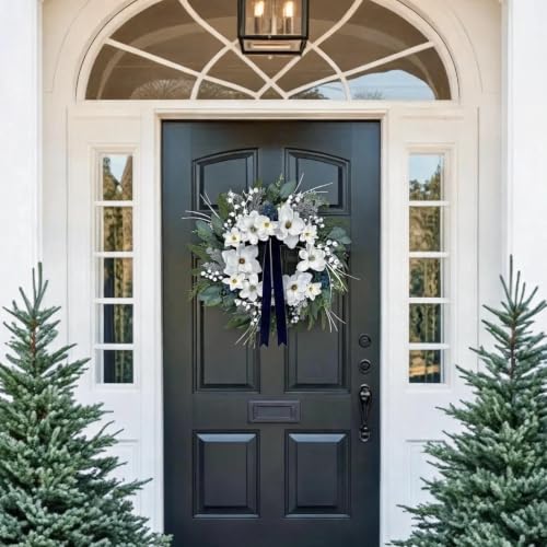 24 Inch White Magnolia Winter Wreath with Navy Ribbon & Silver Berries