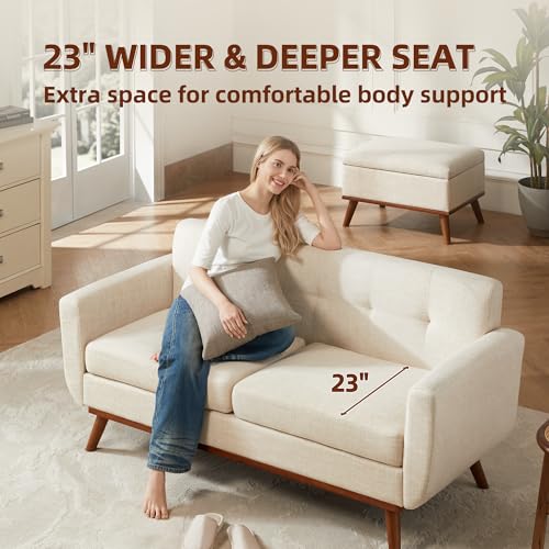 Mid-Century Modern Loveseat Sofa, 65-Inch Upholstered Small Couch, Beige