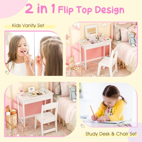 Kids 2-in-1 Vanity Set with Flip Top Mirror and Chair - Wooden Desk