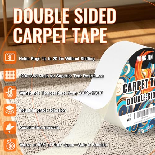 Heavy-Duty Double Sided Carpet Tape - 2 Inch x 10 Yards, Rug Grip