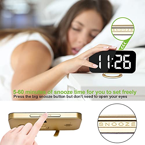 Digital Alarm Clock with LED Mirror Display & Dual USB Charging Ports - Gold