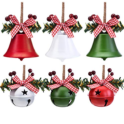 6 Pcs Christmas Bell Ornaments with Holly Berry Bows for Tree Decor