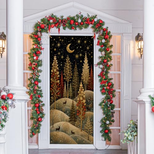 JINYO Whimsical Christmas Tree Reindeer Door Cover — 35x79 in, Festive Curtain