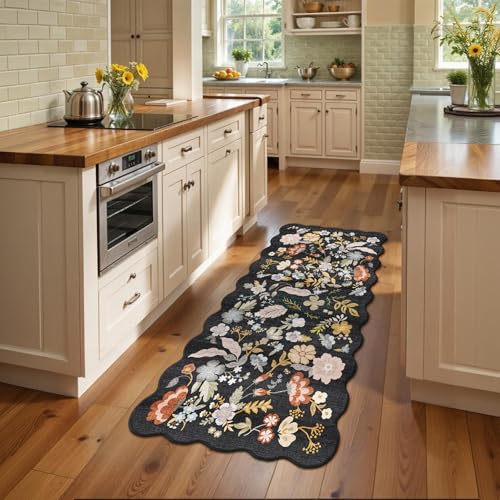 3x6 Washable Floral Runner Rug, Non-Slip Scalloped Hallway Floor Mat